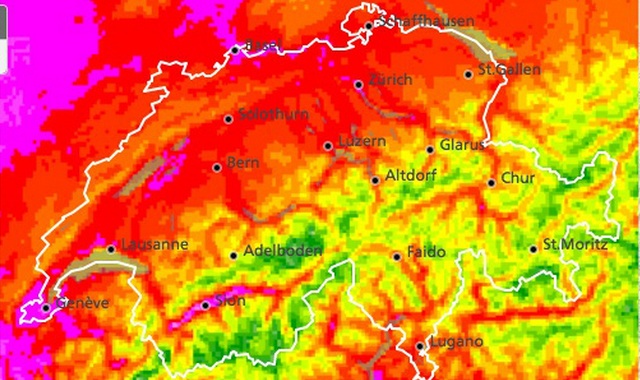 This heat radar map provided by MeteoSwiss indicates (in violet) the hottest spots in western Switzerland, namely: Geneva, Basel and Sion.